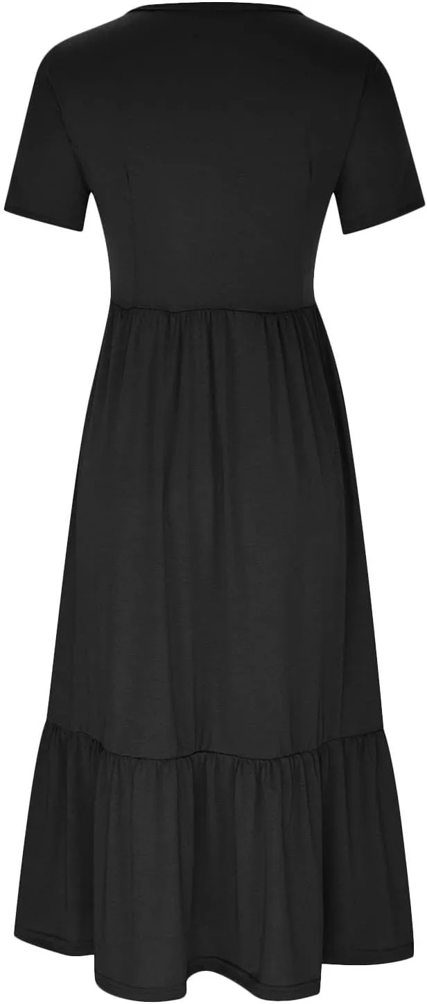 Women Short Sleeve Midi Dresses Summer Casual Dress Ruffle Swing Flowy Sundress Mid Calf T Shirt with Pocket
