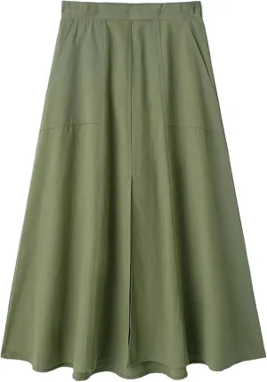 Women Solid Pleated Front Slit Midi Skirt Vintage Mid Waist A-Line Female Chic Skirts