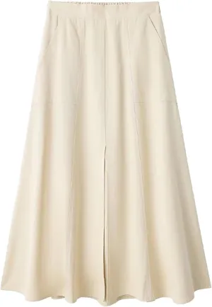Women Solid Pleated Front Slit Midi Skirt Vintage Mid Waist A-Line Female Chic Skirts