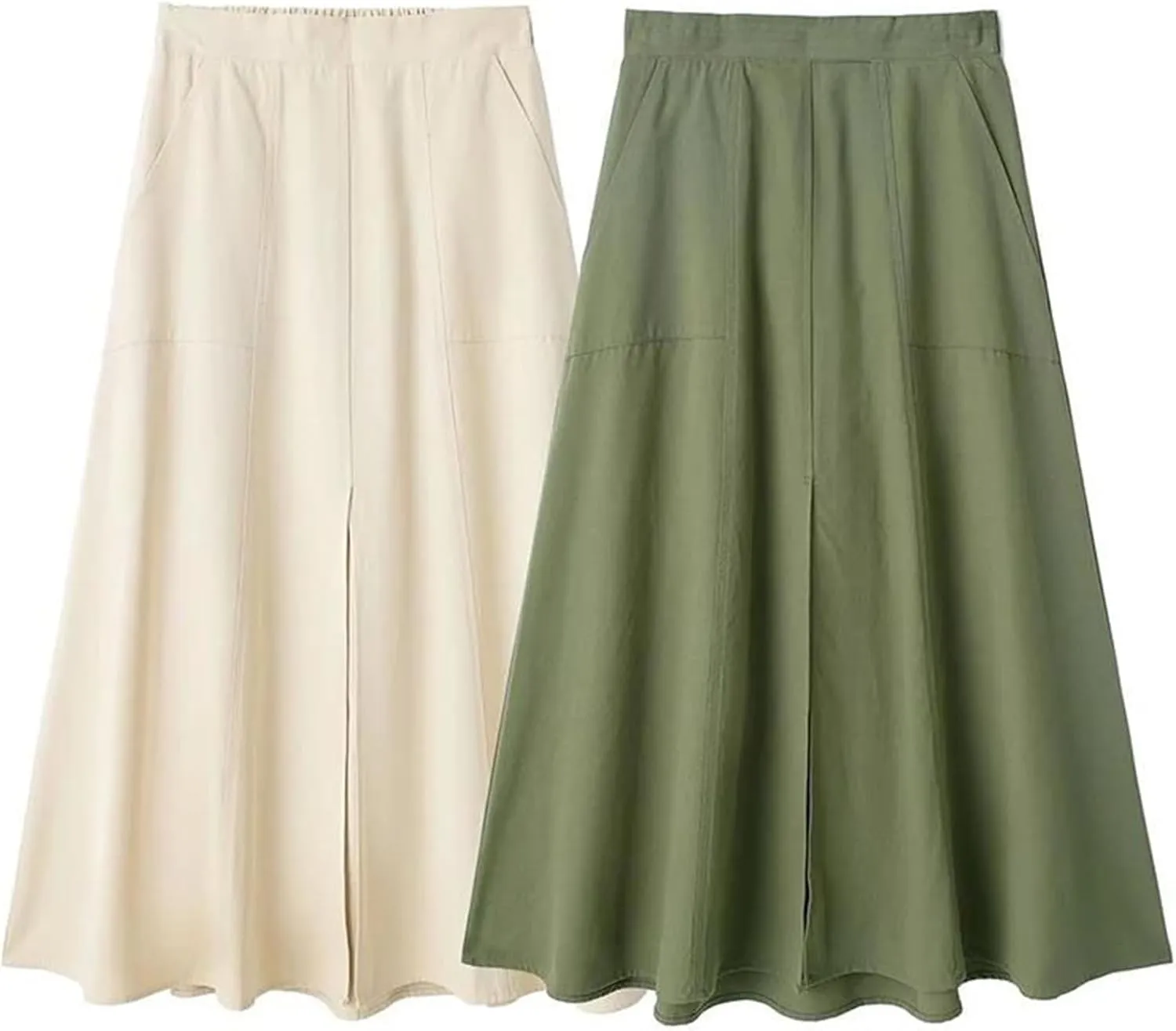 Women Solid Pleated Front Slit Midi Skirt Vintage Mid Waist A-Line Female Chic Skirts