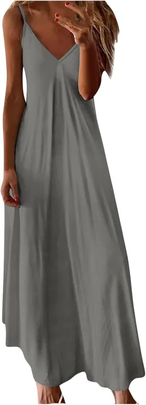 Women Spaghetti Straps Long Maxi Dress Summer V Neck Sleeveless Beach Vacation Dress Soft Comfy Casual Basic Robe Sundress