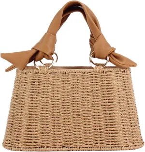 Women Straw Handbag Rattan Woven Beach Bag Chic Drawstring Bucket Purse for Summer Vacation