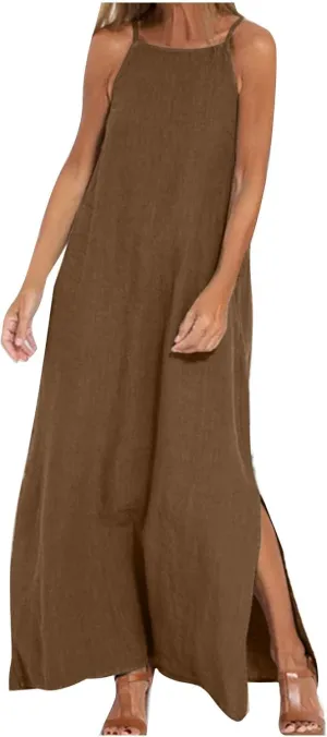 Women Summer Casual Loose Sleeveless Sundress Spaghetti Strap Flowy Boho Linen Beach Vacation Maxi Long Dress