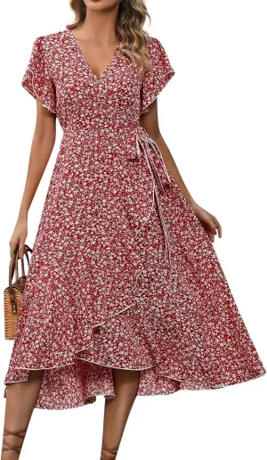 Women Summer Dresses Bohemian Floral Casual Wrap V Neck Ruffle Cap Sleeveless Belt A-Line Pleated Hem Midi Sun Dress