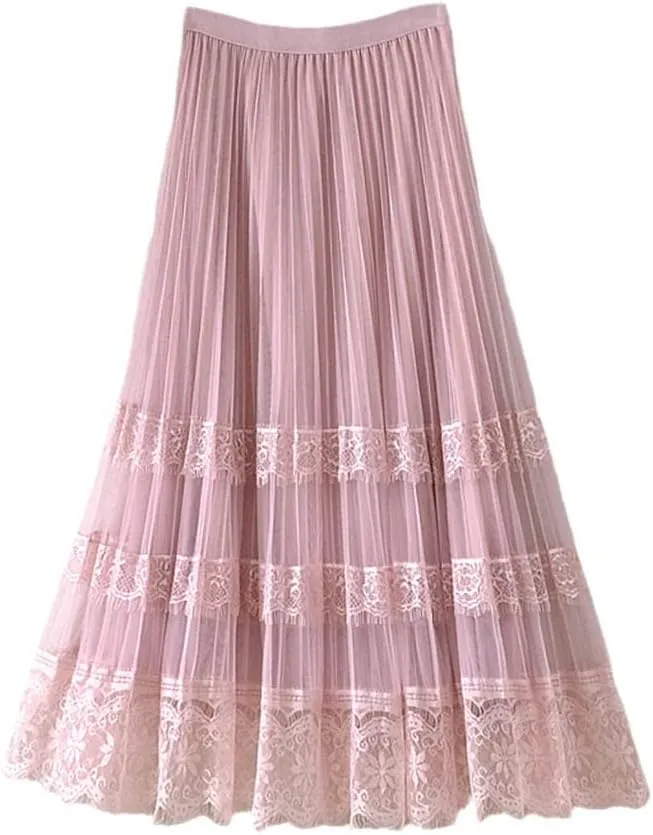 Women Summer Elegant Tulle Lace Patchwork Midi Skirts Ladies Spring High Waist Casual Pleated Skirt