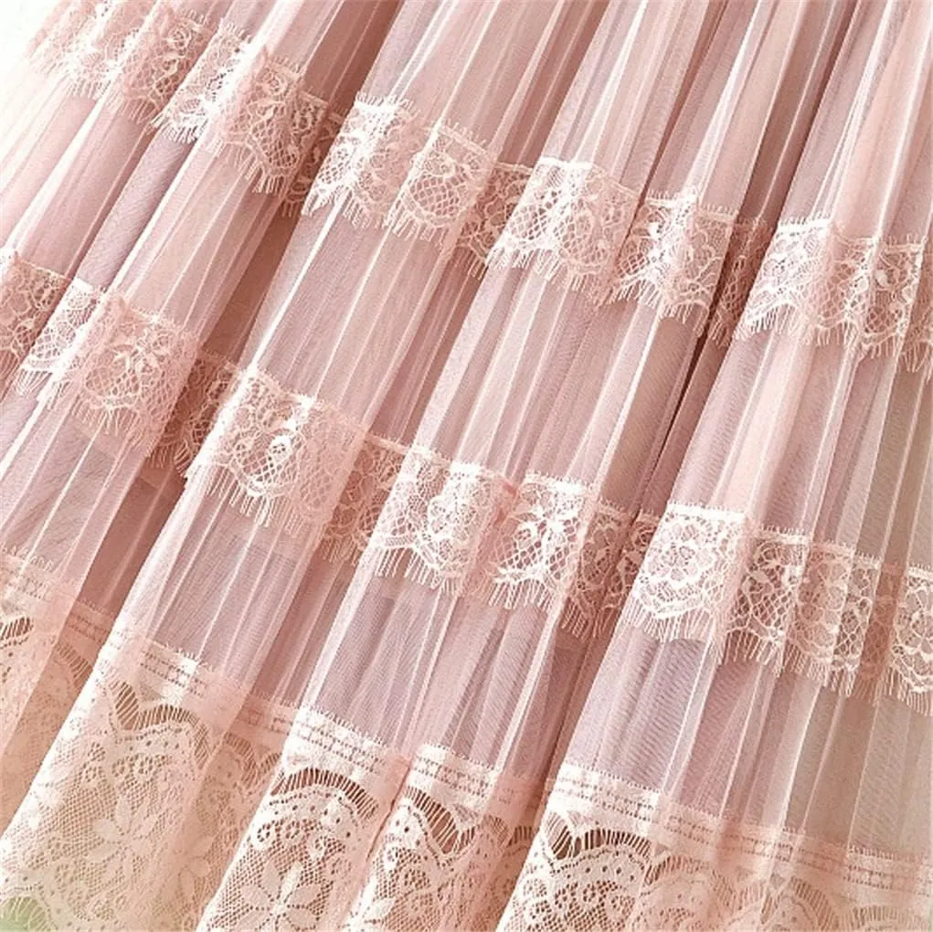 Women Summer Elegant Tulle Lace Patchwork Midi Skirts Ladies Spring High Waist Casual Pleated Skirt
