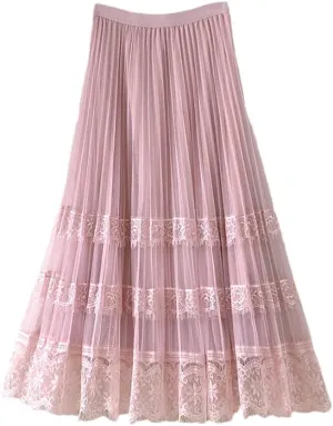 Women Summer Elegant Tulle Lace Patchwork Midi Skirts Ladies Spring High Waist Casual Pleated Skirt