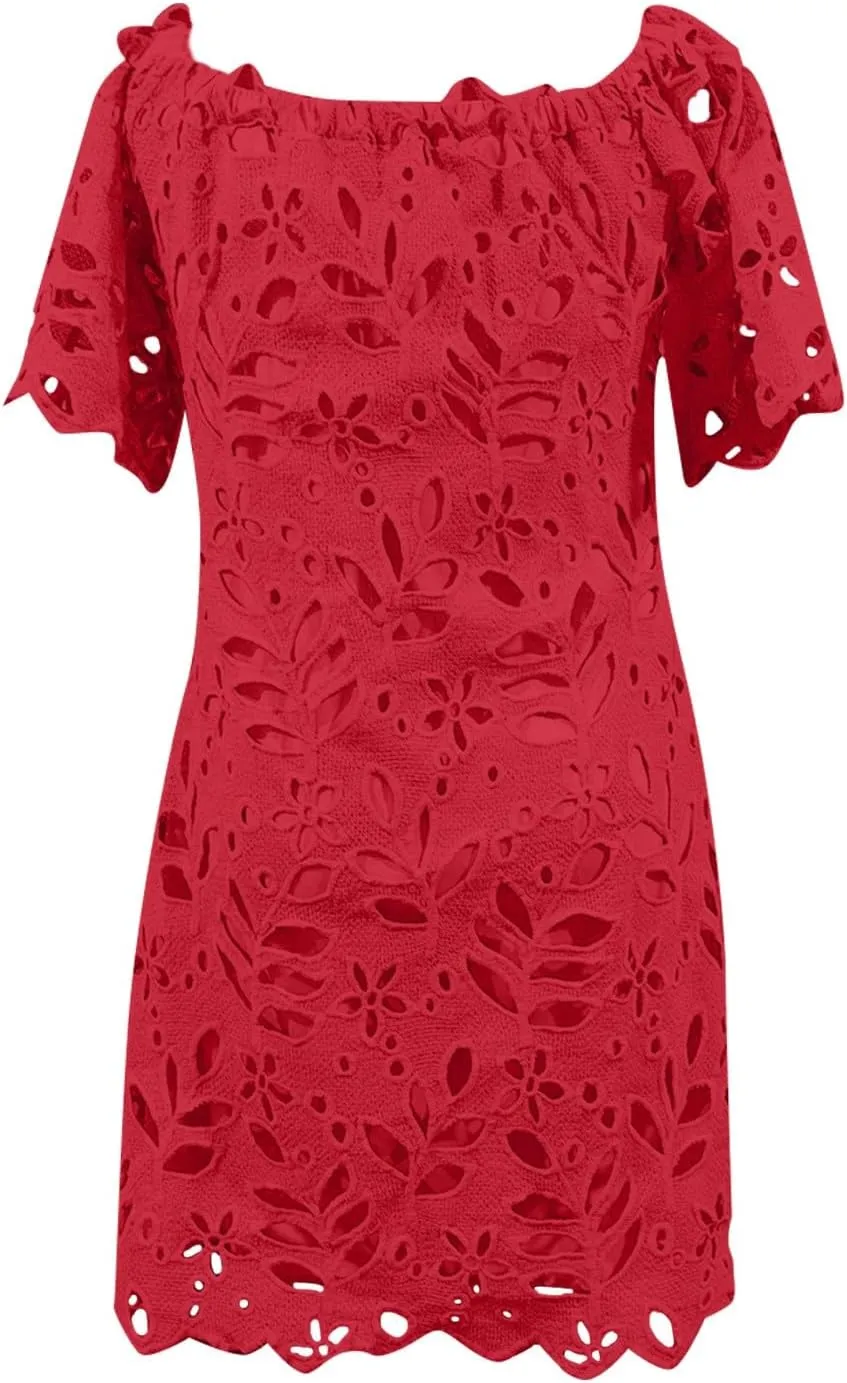 Women Summer Off Shoulder Hollow Out Dress Short Sleeve Lace Floral Mini Dress Casual Vacation Party Short Dresses