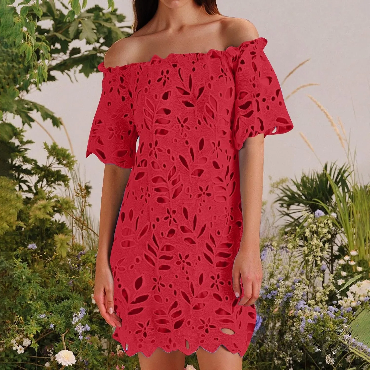 Women Summer Off Shoulder Hollow Out Dress Short Sleeve Lace Floral Mini Dress Casual Vacation Party Short Dresses