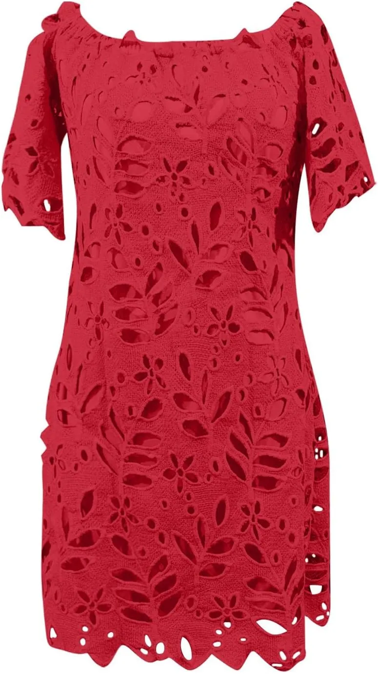 Women Summer Off Shoulder Hollow Out Dress Short Sleeve Lace Floral Mini Dress Casual Vacation Party Short Dresses