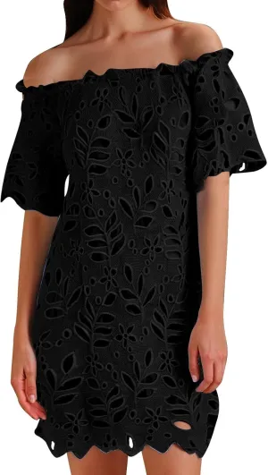 Women Summer Off Shoulder Hollow Out Dress Short Sleeve Lace Floral Mini Dress Casual Vacation Party Short Dresses
