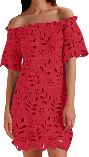 Women Summer Off Shoulder Hollow Out Dress Short Sleeve Lace Floral Mini Dress Casual Vacation Party Short Dresses