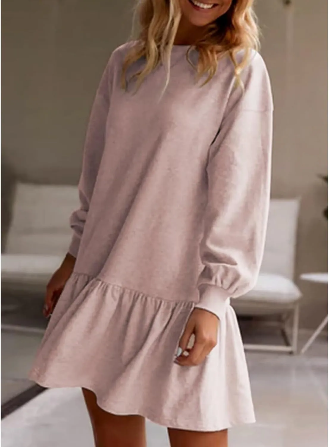 Women Sweatshirt Dress Long Sleeve Crewneck Pullover Fall Babydoll Dressy Tops Flowy Ruffled Sweatshirt Mini Dresses
