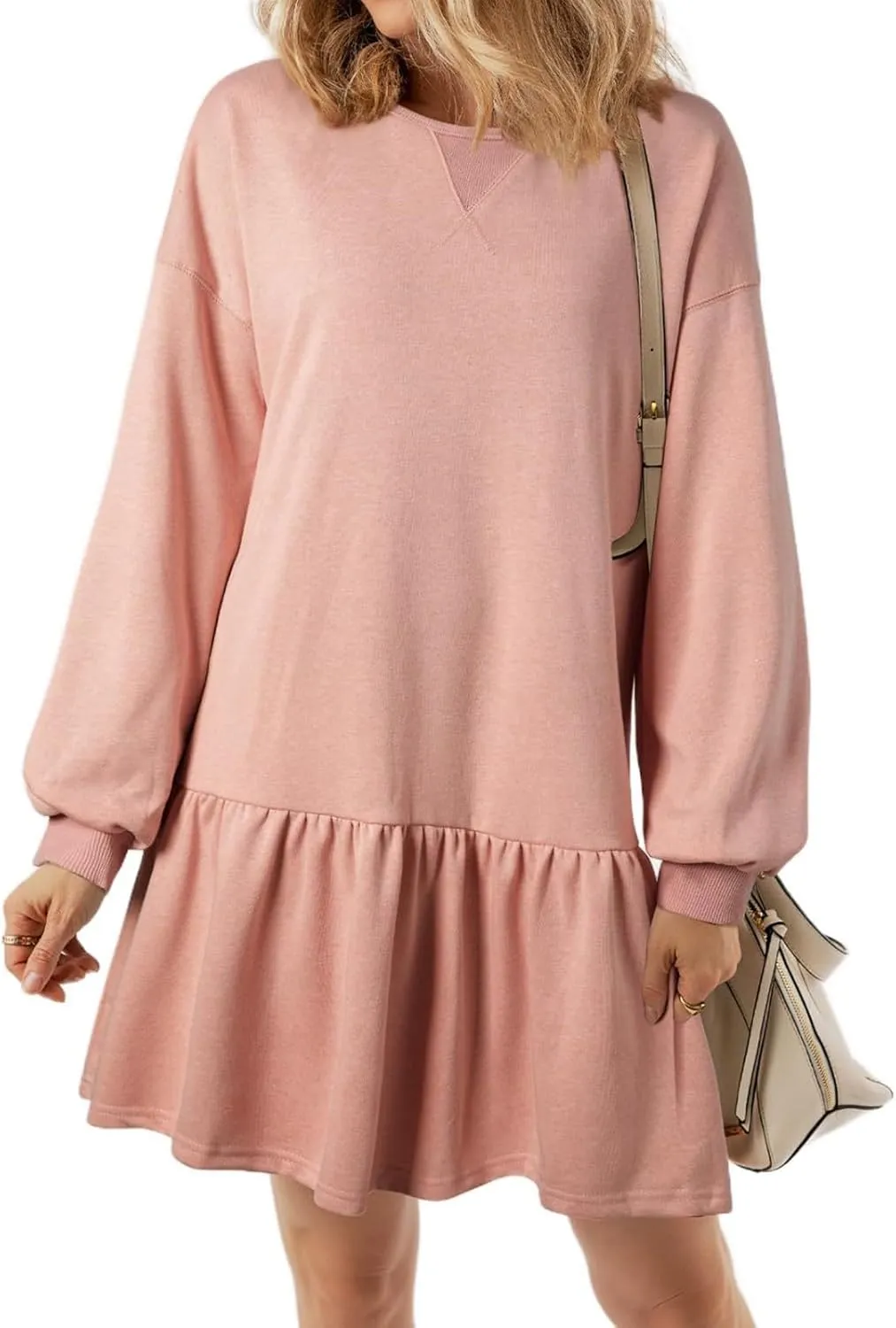 Women Sweatshirt Dress Long Sleeve Crewneck Pullover Fall Babydoll Dressy Tops Flowy Ruffled Sweatshirt Mini Dresses