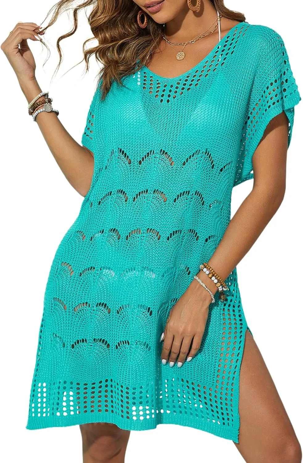 Women Swimsuit Crochet Swim Cover Up Summer V Neck Bathing Suit Beach Cover Up Swimwear Knit 2025 Beach Dress