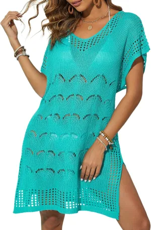 Women Swimsuit Crochet Swim Cover Up Summer V Neck Bathing Suit Beach Cover Up Swimwear Knit 2025 Beach Dress