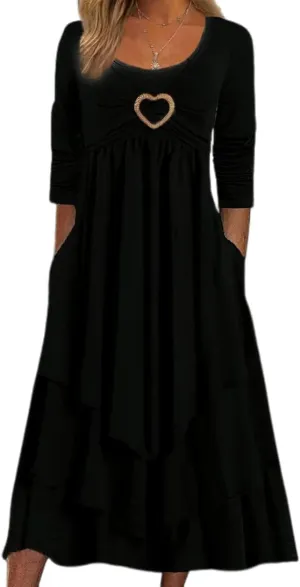 Womens 2024 Fall Dresses for Wedding Guest Casual Plus Size Cute Heart Long Sleeve Tiered Maxi Dress with Pockets