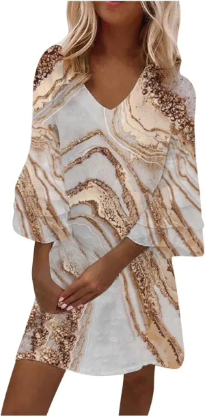 Womens 3/4 Bell Sleeve V Neck Elegant Mini Dress Floral Printed Beachwear Temperament Casual Resort Dress