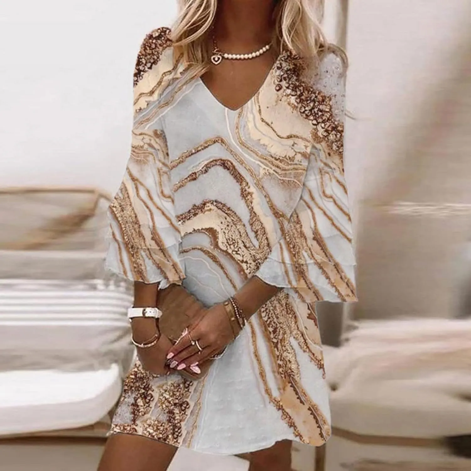 Womens 3/4 Bell Sleeve V Neck Elegant Mini Dress Floral Printed Beachwear Temperament Casual Resort Dress