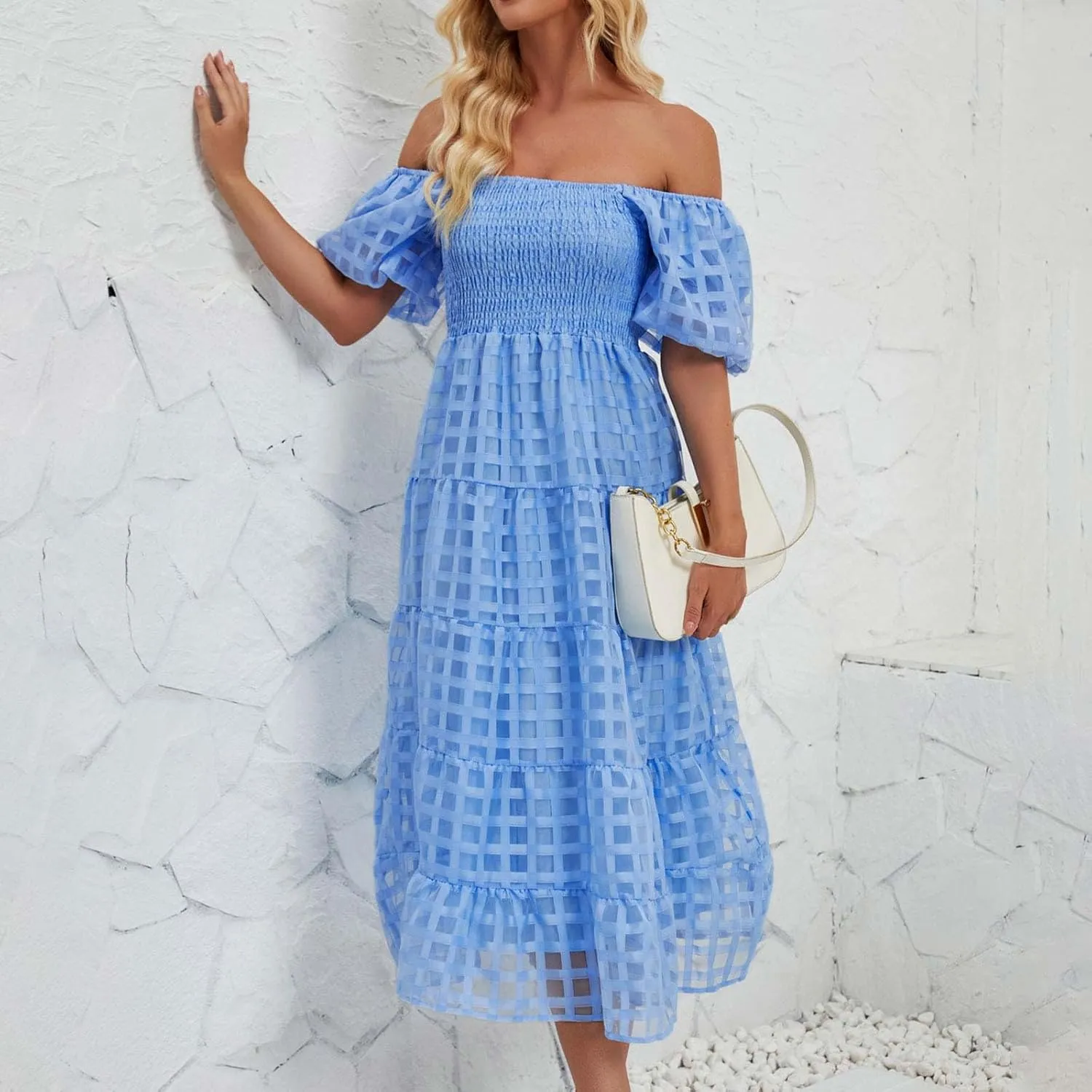 Womens Bohemian Dresses Summer Casual Off Shoulder Puff Sleeve Midi Boho Dress Tiered Ruffle Sundress Vacation Outfit
