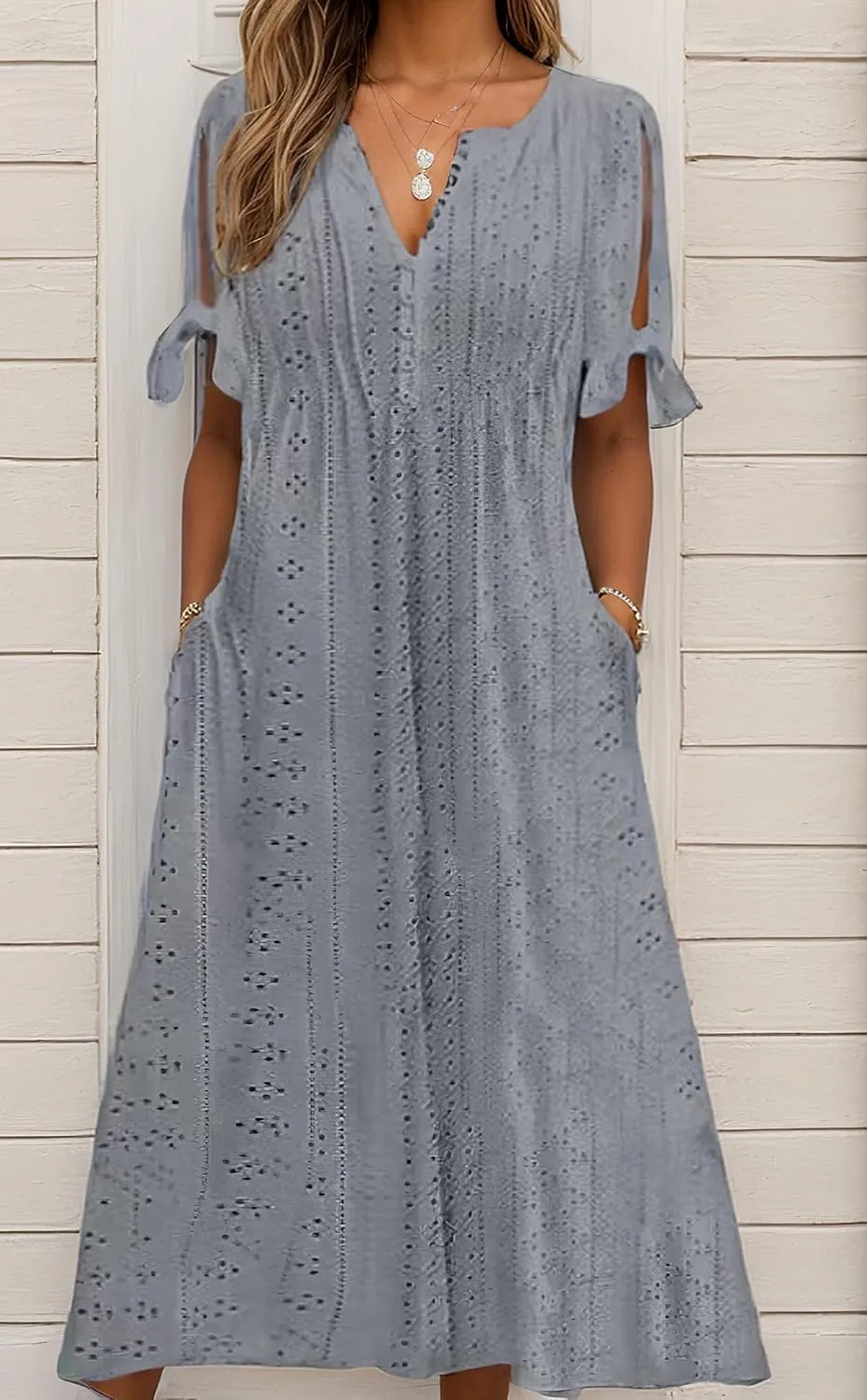 Women's Boho Eyelet Pastel Dress Button V Neck Tie Knot Short Sleeve Vacation Beach Midi Dresses with Pockets