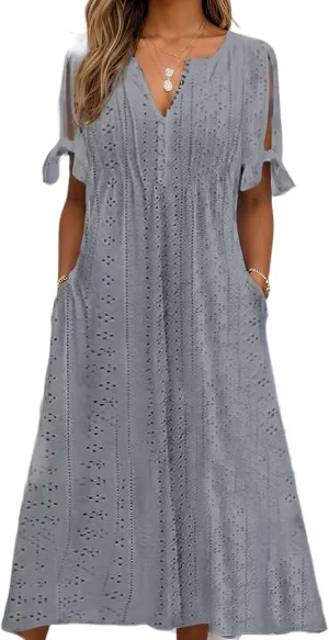 Women's Boho Eyelet Pastel Dress Button V Neck Tie Knot Short Sleeve Vacation Beach Midi Dresses with Pockets