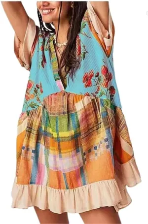 Womens Boho Floral Mini Dress Deep V Neck Short Sleeve Babydoll Dress Summer Casual Loose Flowy Beach Ruffle Dress