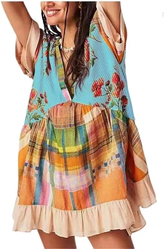 Womens Boho Floral Mini Dress Deep V Neck Short Sleeve Babydoll Dress Summer Casual Loose Flowy Beach Ruffle Dress