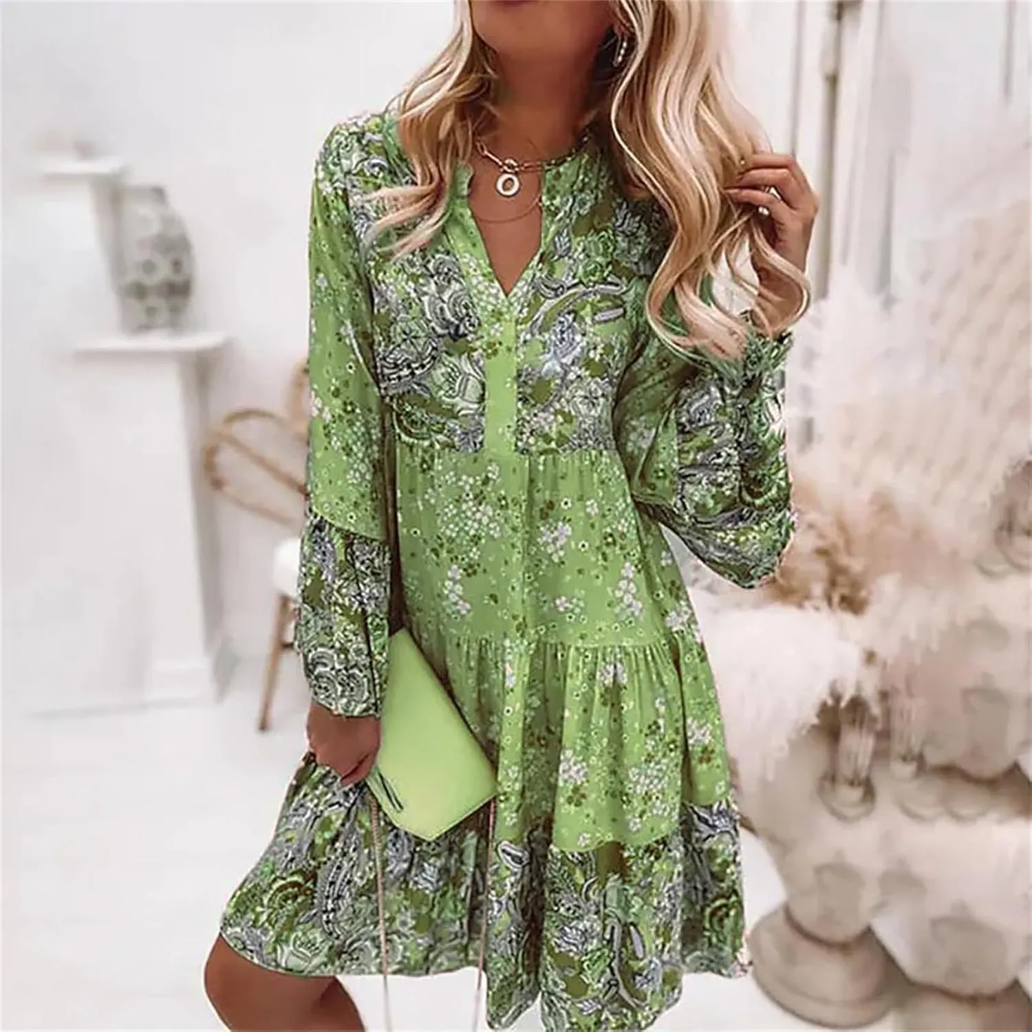 Womens Boho Floral Print Flare Sleeve Ruffle Hem Tiered Mini Dress V Neck Long Sleeve Summer Short Dresses