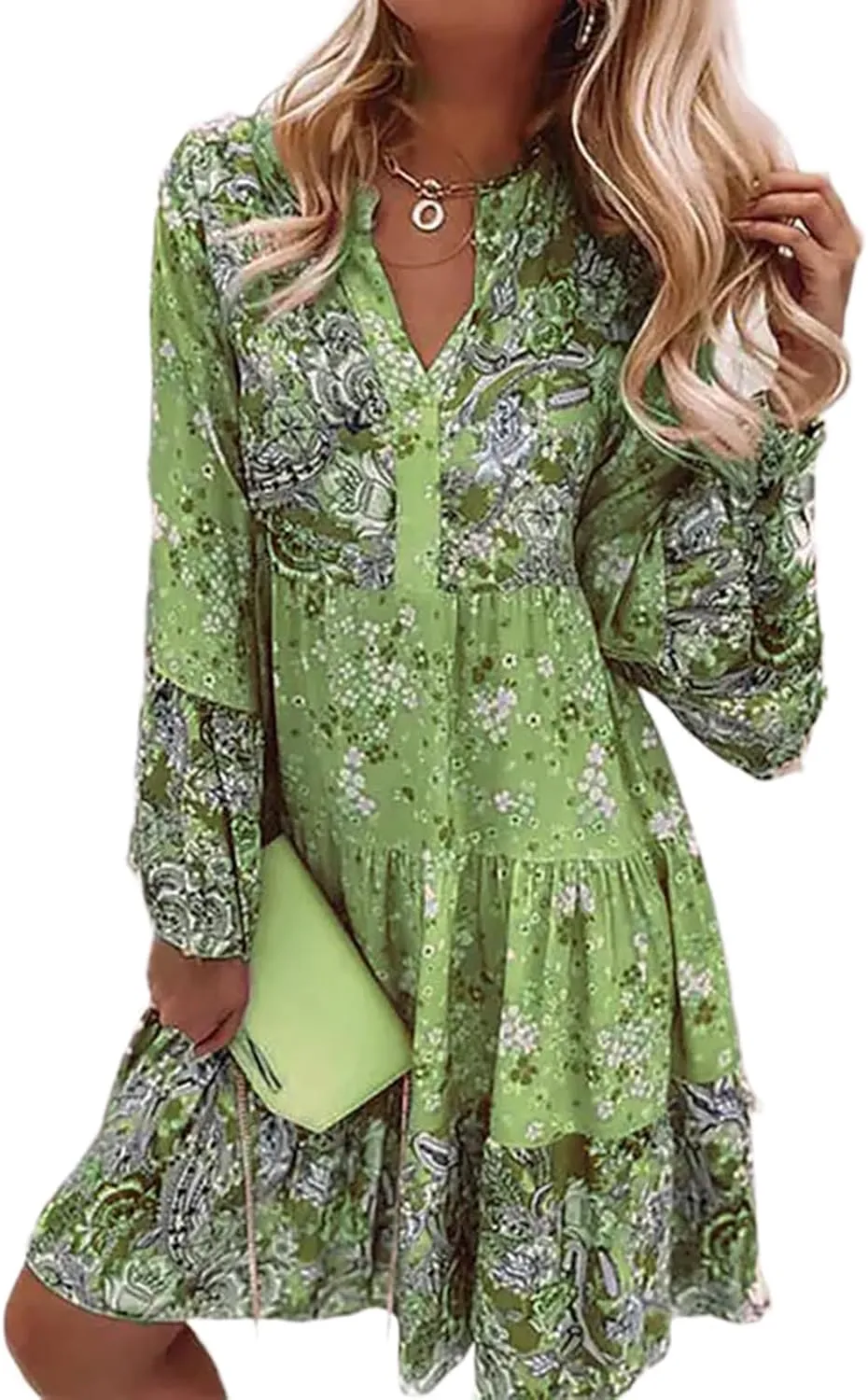 Womens Boho Floral Print Flare Sleeve Ruffle Hem Tiered Mini Dress V Neck Long Sleeve Summer Short Dresses