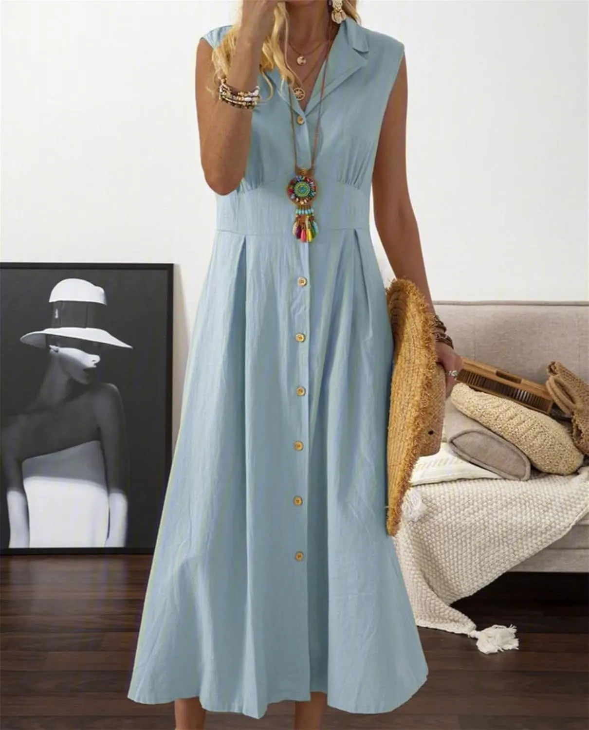 Women's Button Down Cotton Linen Shirt Dress with Pockets Sleeveless V Neck Maxi Dresses Elegant A Line Flowy Dress
