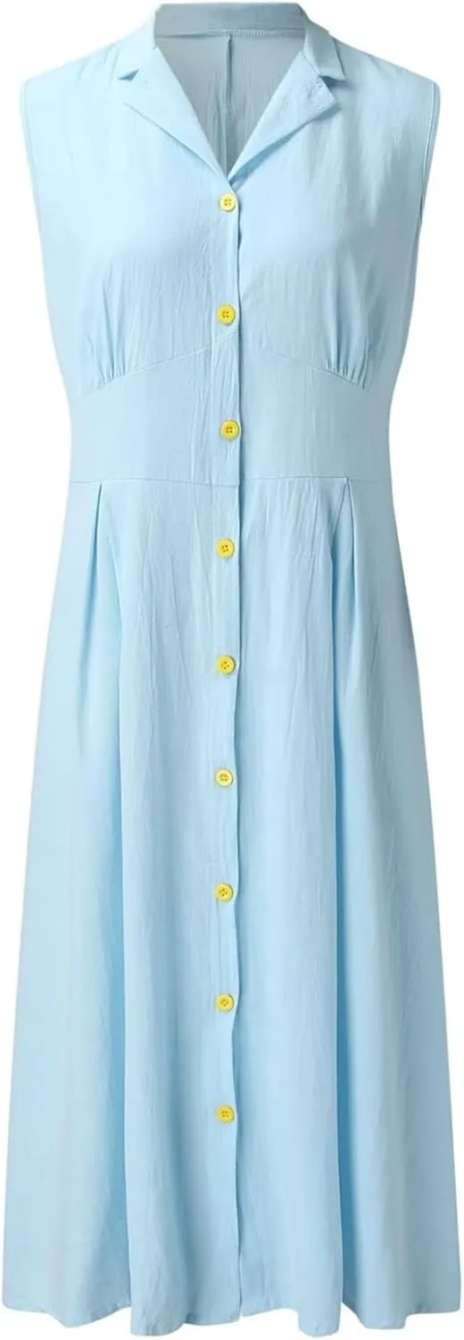 Women's Button Down Cotton Linen Shirt Dress with Pockets Sleeveless V Neck Maxi Dresses Elegant A Line Flowy Dress