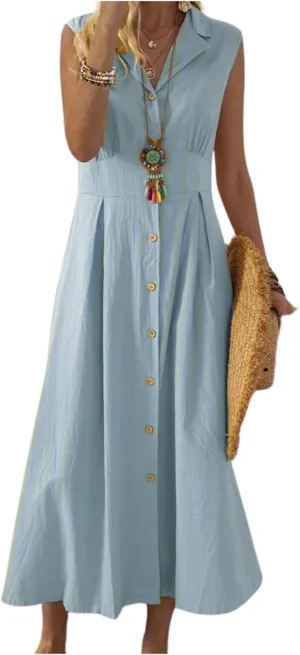 Women's Button Down Cotton Linen Shirt Dress with Pockets Sleeveless V Neck Maxi Dresses Elegant A Line Flowy Dress