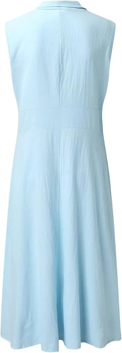 Women's Button Down Cotton Linen Shirt Dress with Pockets Sleeveless V Neck Maxi Dresses Elegant A Line Flowy Dress