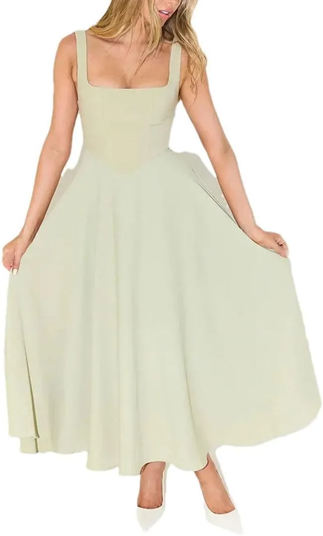 Womens Camisole Long Dress Square Neck Slim Fit Waist Hugging Solid Summer Elegant