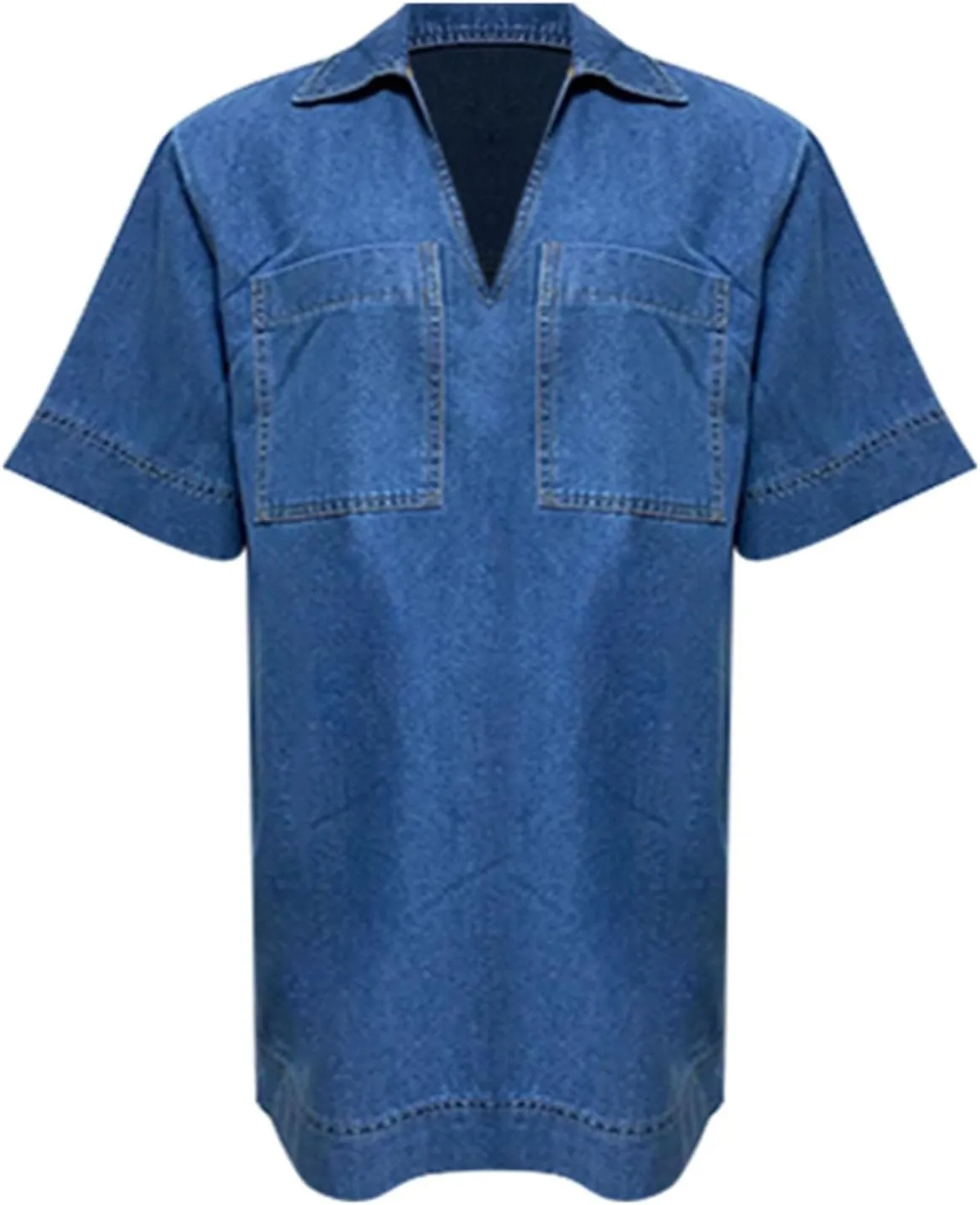 Women's Casual Denim Dresses 2024 V Neck Plus Size Midi Dress Spring Summer Half Sleeve Knee Length Trendy Dress with Pockets