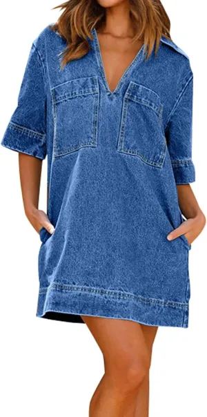 Women's Casual Denim Dresses 2024 V Neck Plus Size Midi Dress Spring Summer Half Sleeve Knee Length Trendy Dress with Pockets