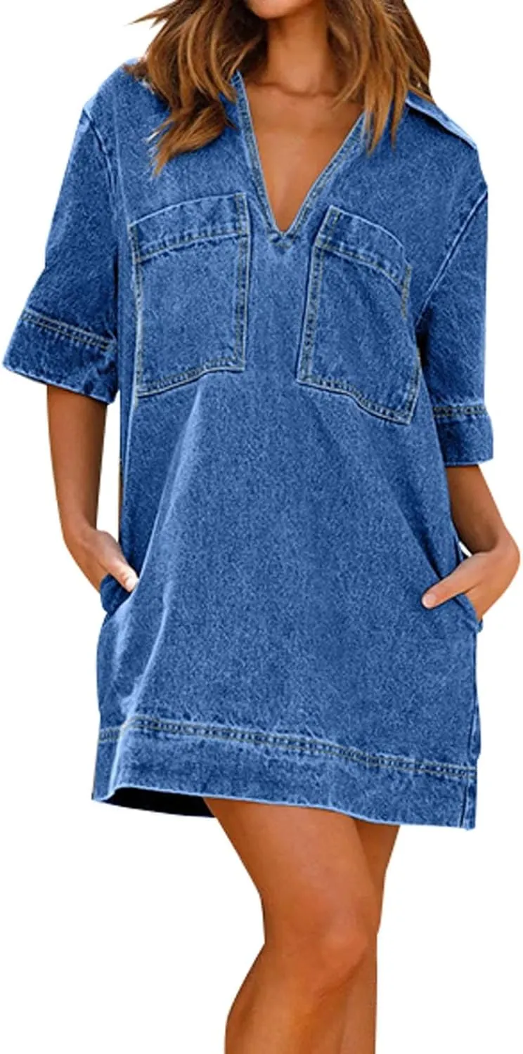 Women's Casual Denim Dresses 2024 V Neck Plus Size Midi Dress Spring Summer Half Sleeve Knee Length Trendy Dress with Pockets