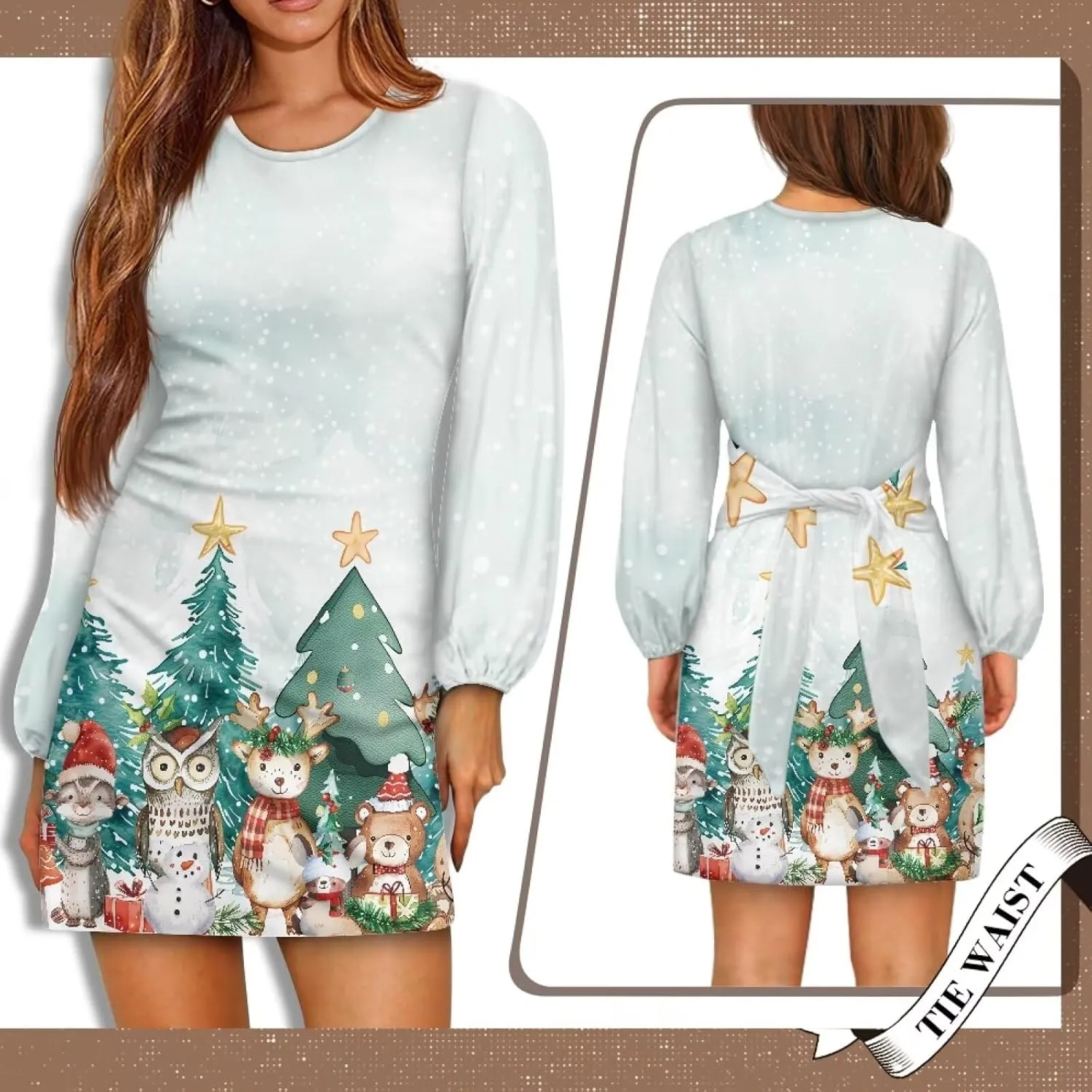 Womens Casual Dress Crewneck Long Sleeve A Line Mini Dresses Tie Waist Flowy Outfits Sexy Stylish Sundress