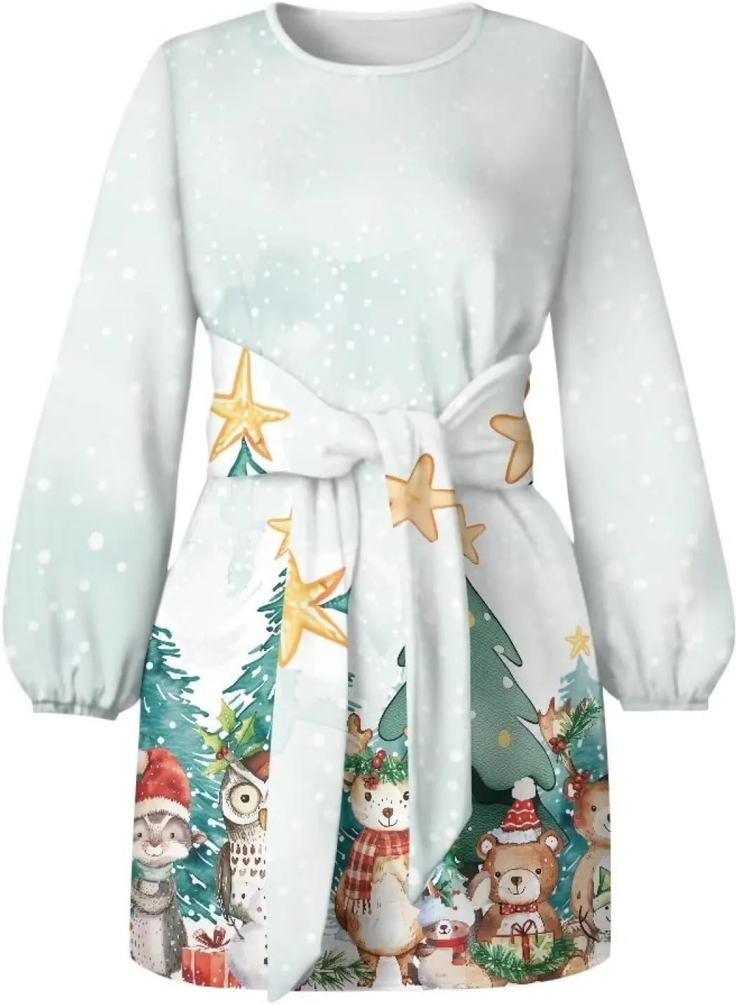 Womens Casual Dress Crewneck Long Sleeve A Line Mini Dresses Tie Waist Flowy Outfits Sexy Stylish Sundress