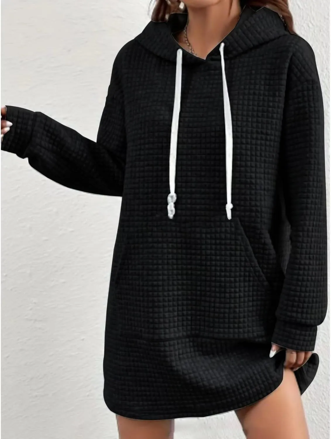 Women's Casual Hoodie Dress 2025 Oversized Pullover Textured Hooded Sweatshirts Dresses with Kangaroo Pocket