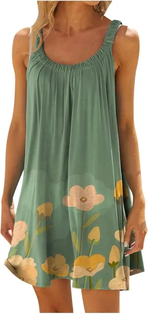 Women's Casual Printed Boho Tank Dress Sexy Vest Sling Dress Vacation Mini Dress Summer Beach Sundress