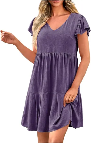 Women's Casual Summer Solid Dresses Short Sleeve Ruffle V Neck Tiered Loose Fitting Mini Dress Sundress