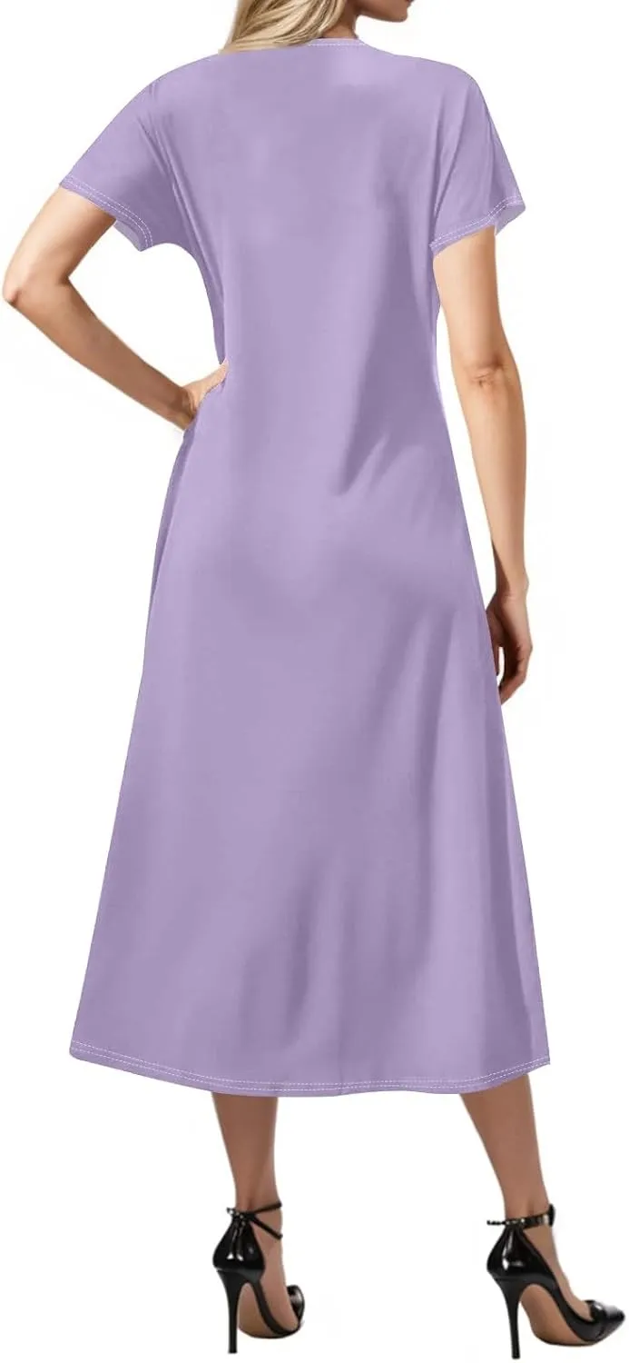 Women's Casual V-Neck Maxi Short Sleeve Loose Fit Long Dress with Pockets for Summer Beach or Daily Wear