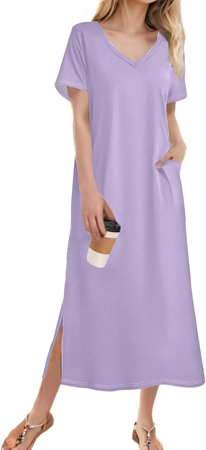 Women's Casual V-Neck Maxi Short Sleeve Loose Fit Long Dress with Pockets for Summer Beach or Daily Wear