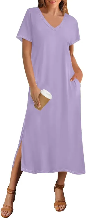 Women's Casual V-Neck Maxi Short Sleeve Loose Fit Long Dress with Pockets for Summer Beach or Daily Wear