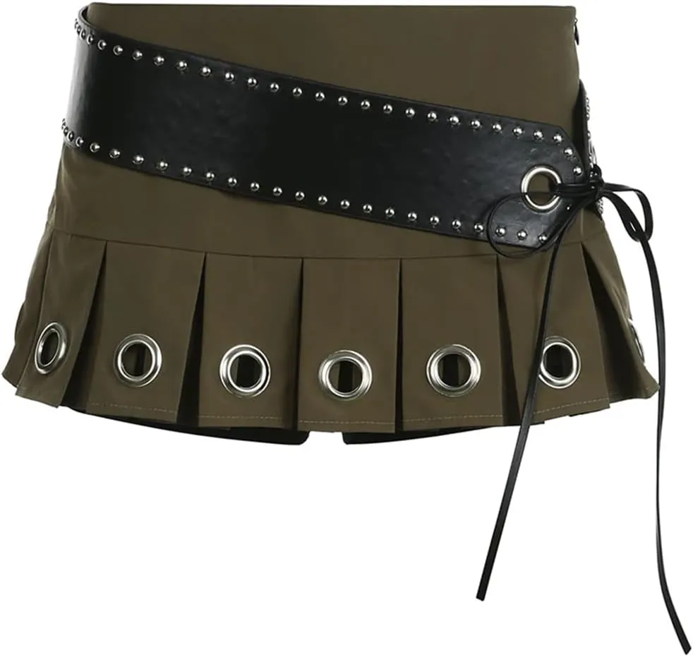Women's Chic Eyelet Hole Pleated Super Short with Belt Sexy A-Line Skirts Punk Style Vintage Skirt