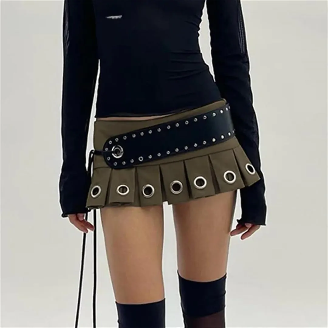 Women's Chic Eyelet Hole Pleated Super Short with Belt Sexy A-Line Skirts Punk Style Vintage Skirt