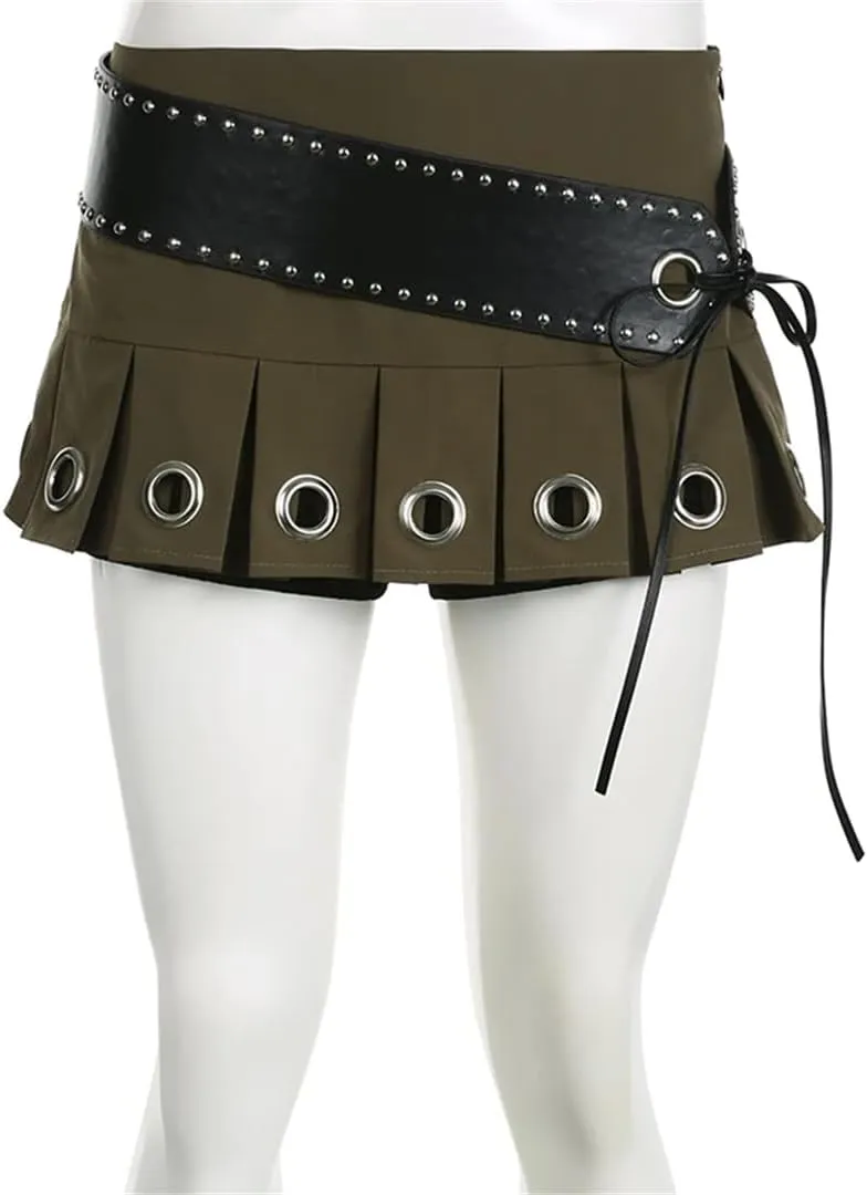 Women's Chic Eyelet Hole Pleated Super Short with Belt Sexy A-Line Skirts Punk Style Vintage Skirt