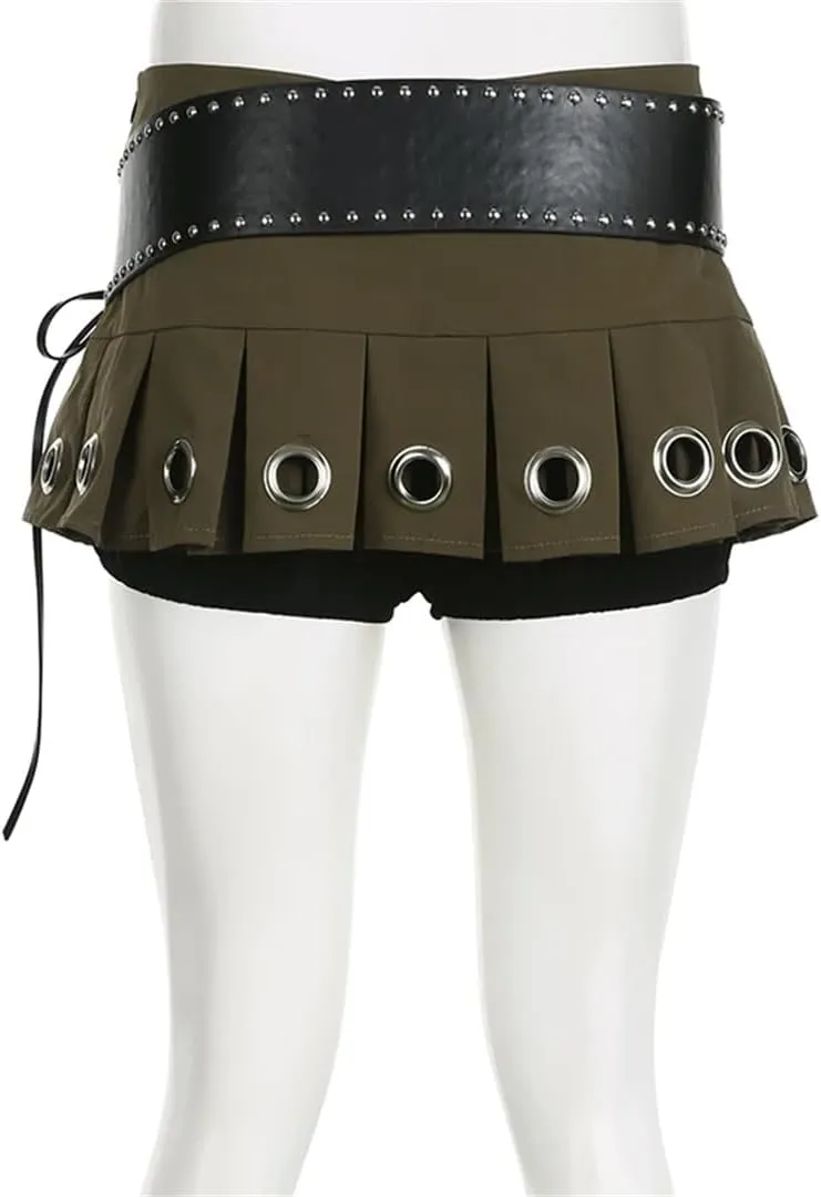 Women's Chic Eyelet Hole Pleated Super Short with Belt Sexy A-Line Skirts Punk Style Vintage Skirt